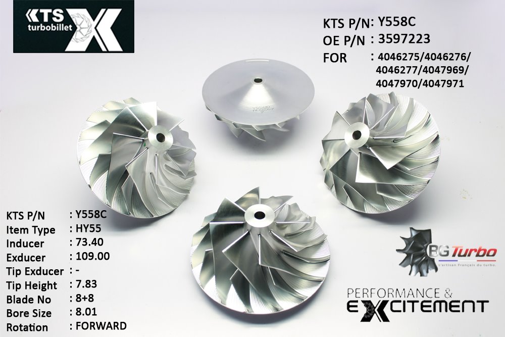 Turbo ROUE FORGÉE MFS PERFORMANCE - 8+8 PALES - INDUCER : 73,4 - EXDUCER : 109 - TYPE : HY55ANGLE : 50° - ROTATION : Forward - SUPER BACK : 9,88 - BORE SIZE : 8,01
